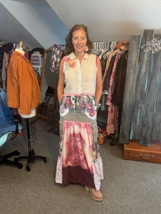 Up-Cycled Men's Cargo Shorts to Bohemian Floral Skirt and Matching Linen Top