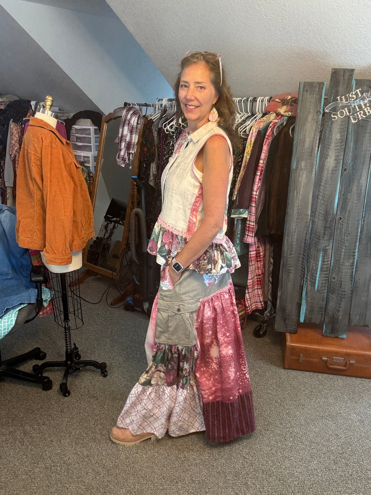 Up-Cycled Men's Cargo Shorts to Bohemian Floral Skirt and Matching Linen Top