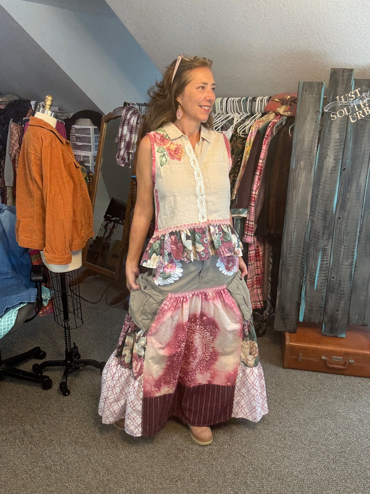 Up-Cycled Men's Cargo Shorts to Bohemian Floral Skirt and Matching Linen Top