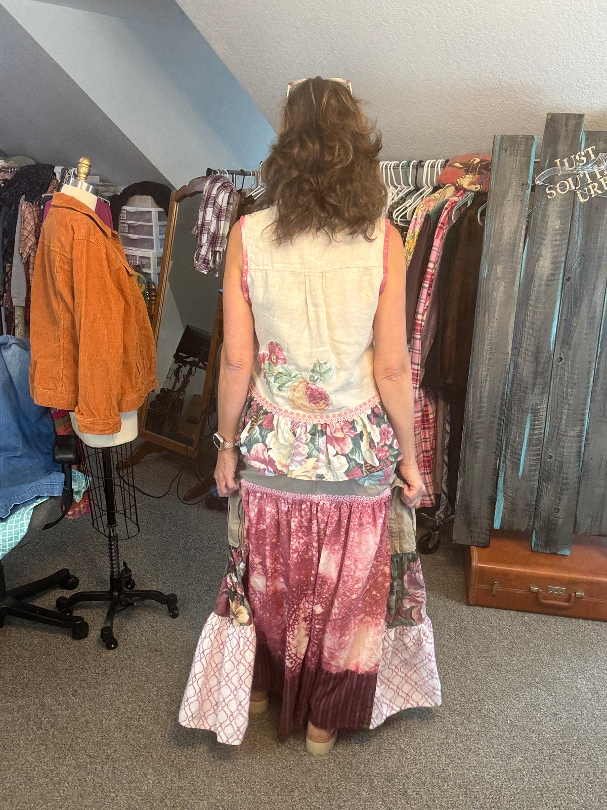 Up-Cycled Men's Cargo Shorts to Bohemian Floral Skirt and Matching Linen Top