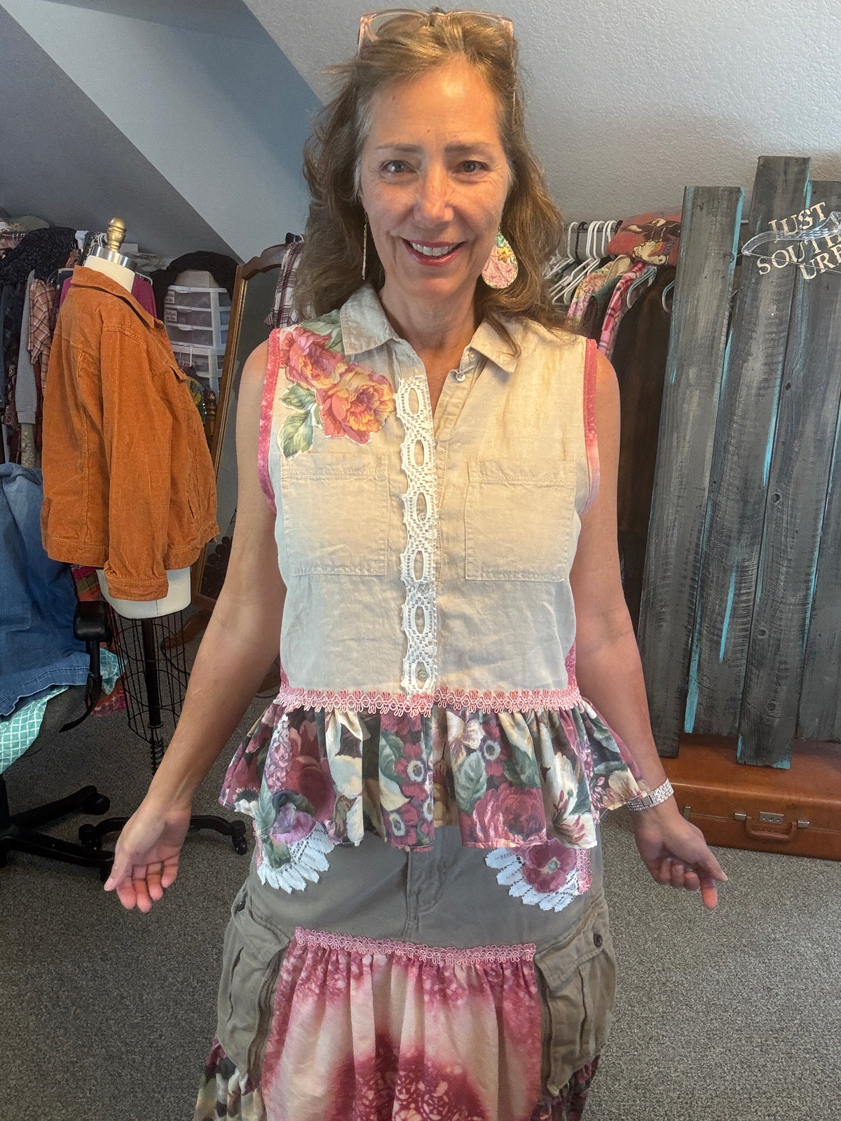 Up-Cycled Men's Cargo Shorts to Bohemian Floral Skirt and Matching Linen Top