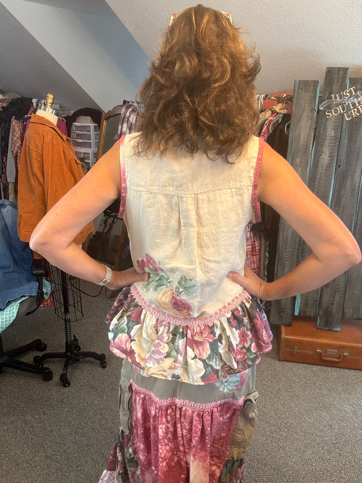 Up-Cycled Men's Cargo Shorts to Bohemian Floral Skirt and Matching Linen Top