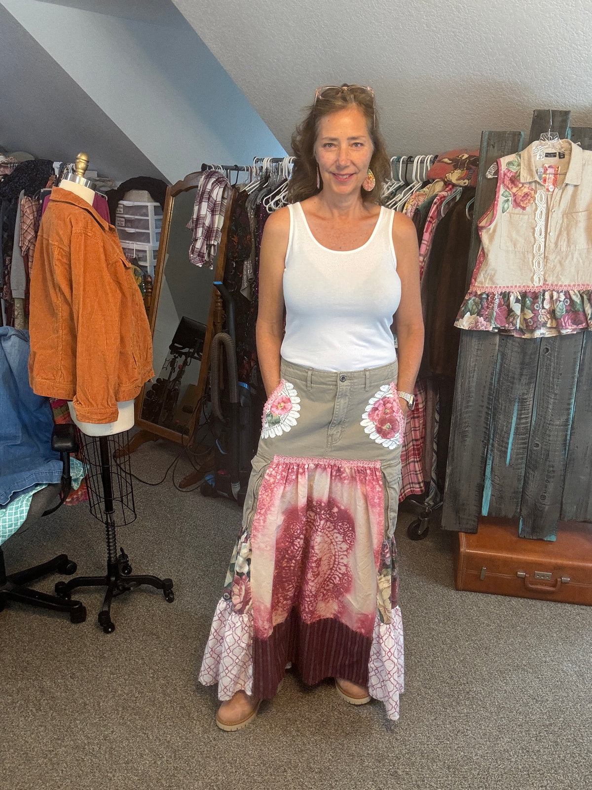 Up-Cycled Men's Cargo Shorts to Bohemian Floral Skirt and Matching Linen Top