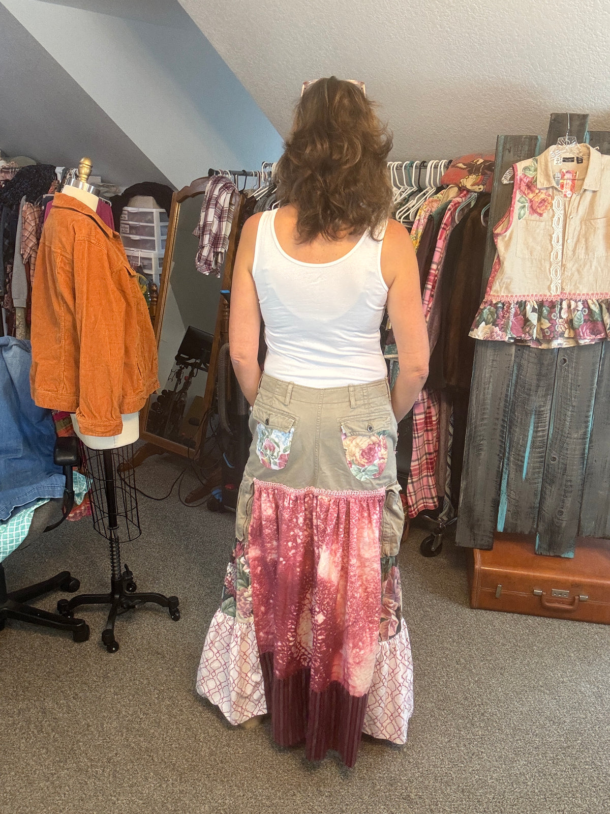 Up-Cycled Men's Cargo Shorts to Bohemian Floral Skirt and Matching Linen Top