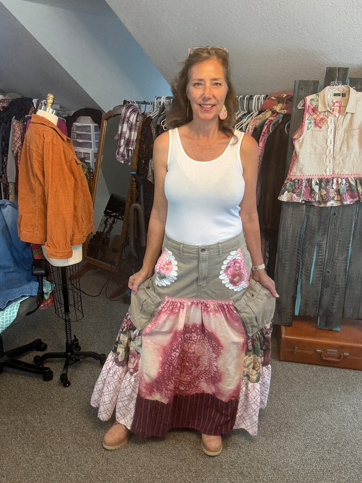 Up-Cycled Men's Cargo Shorts to Bohemian Floral Skirt and Matching Linen Top