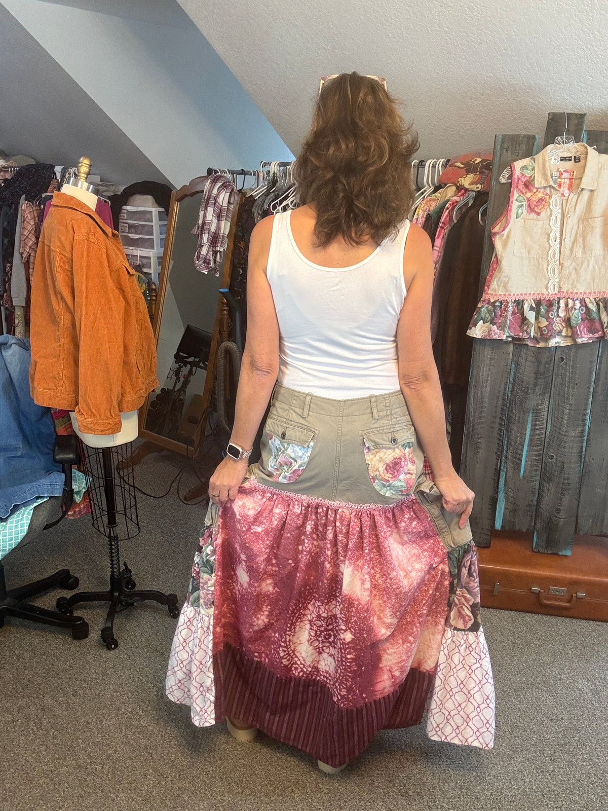 Up-Cycled Men's Cargo Shorts to Bohemian Floral Skirt and Matching Linen Top