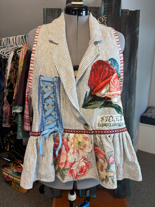 Boho Pinstripe Linen Vest, Size 44 Bust, 1X, fits Size 14-16
