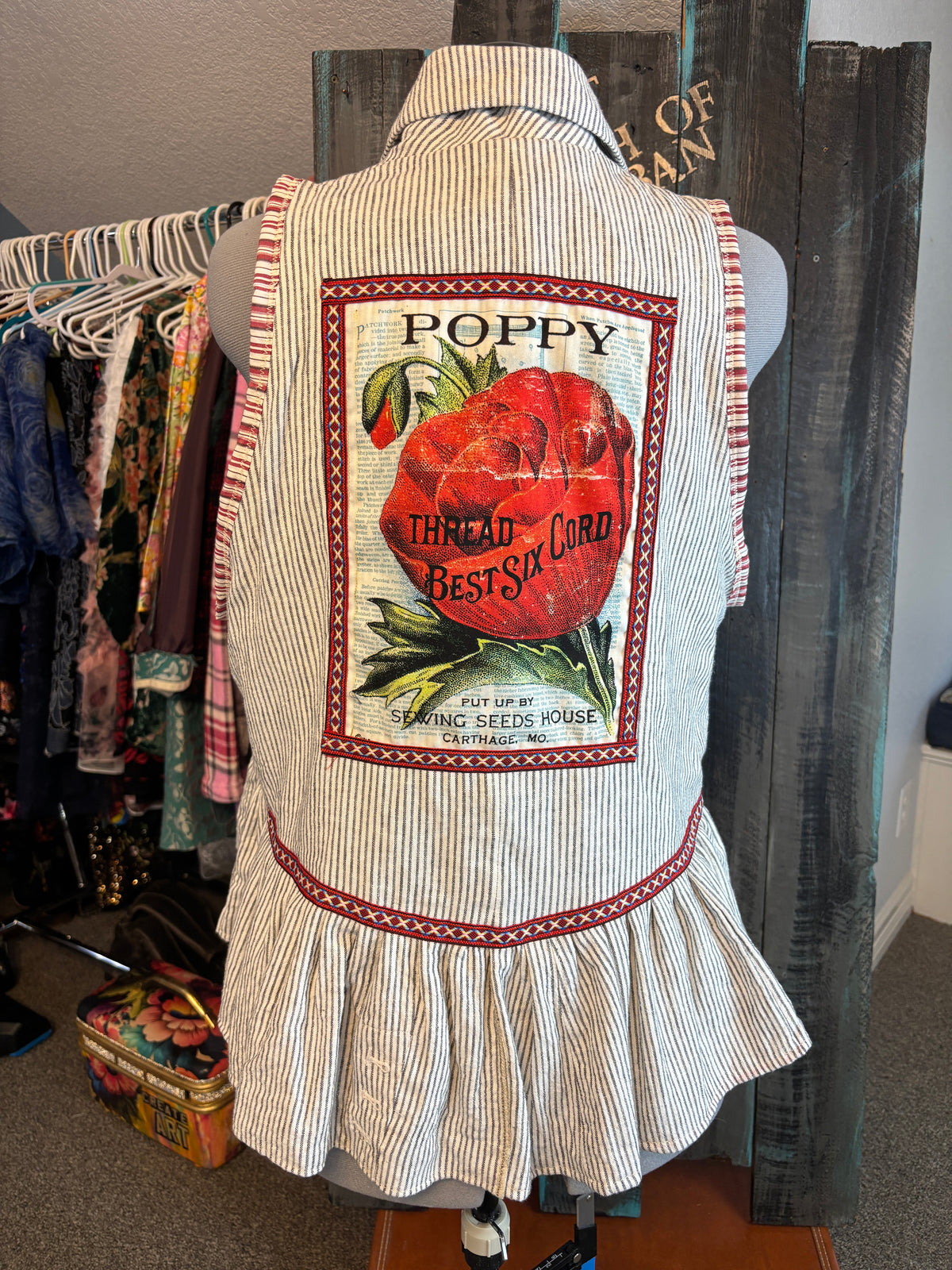 Boho Pinstripe Linen Vest, Size 44 Bust, 1X, fits Size 14-16