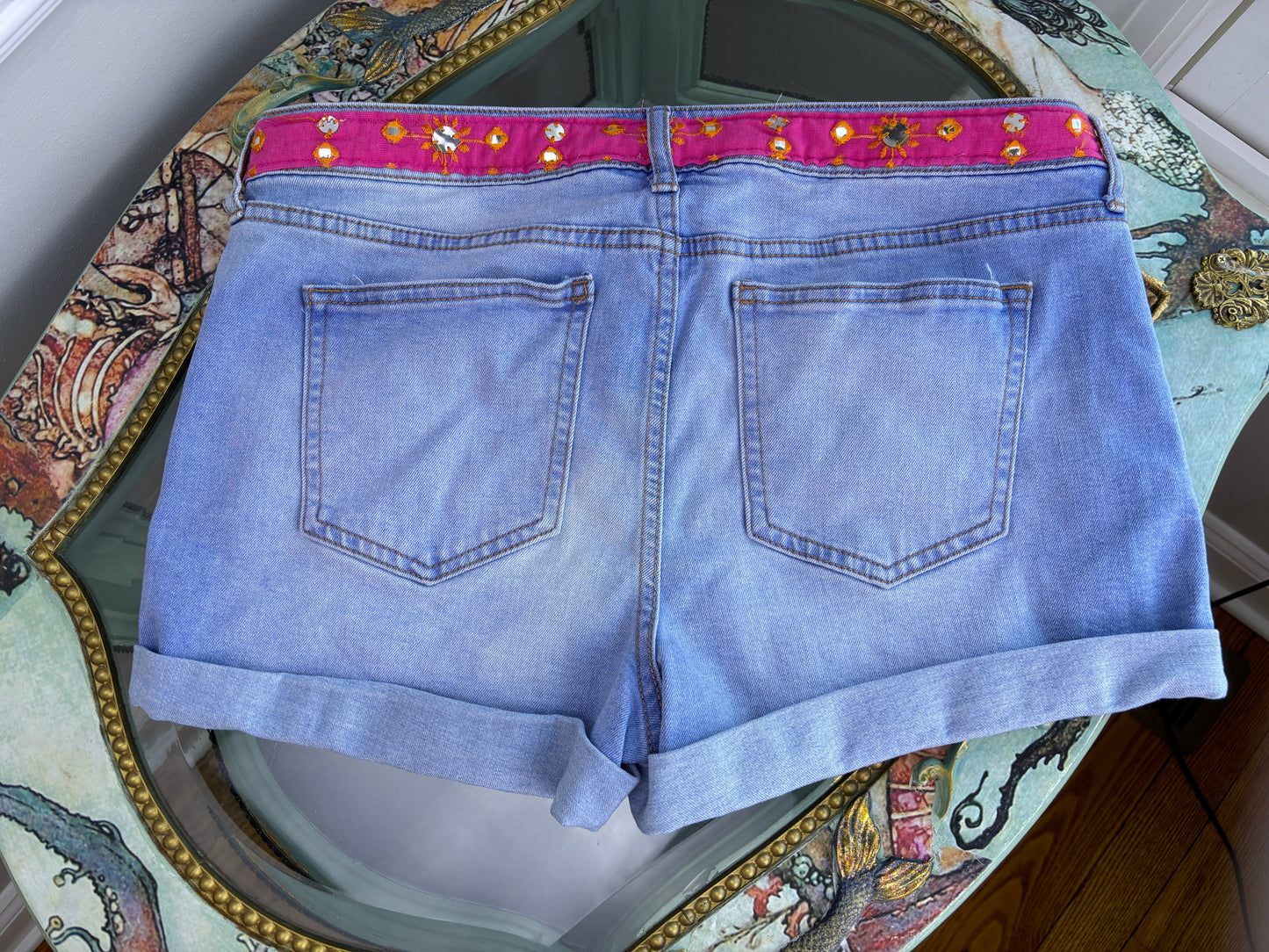 Boho Patchwork Shorts Size 11, Waist 32, Up-cycled Denim Stretch Shorts 1