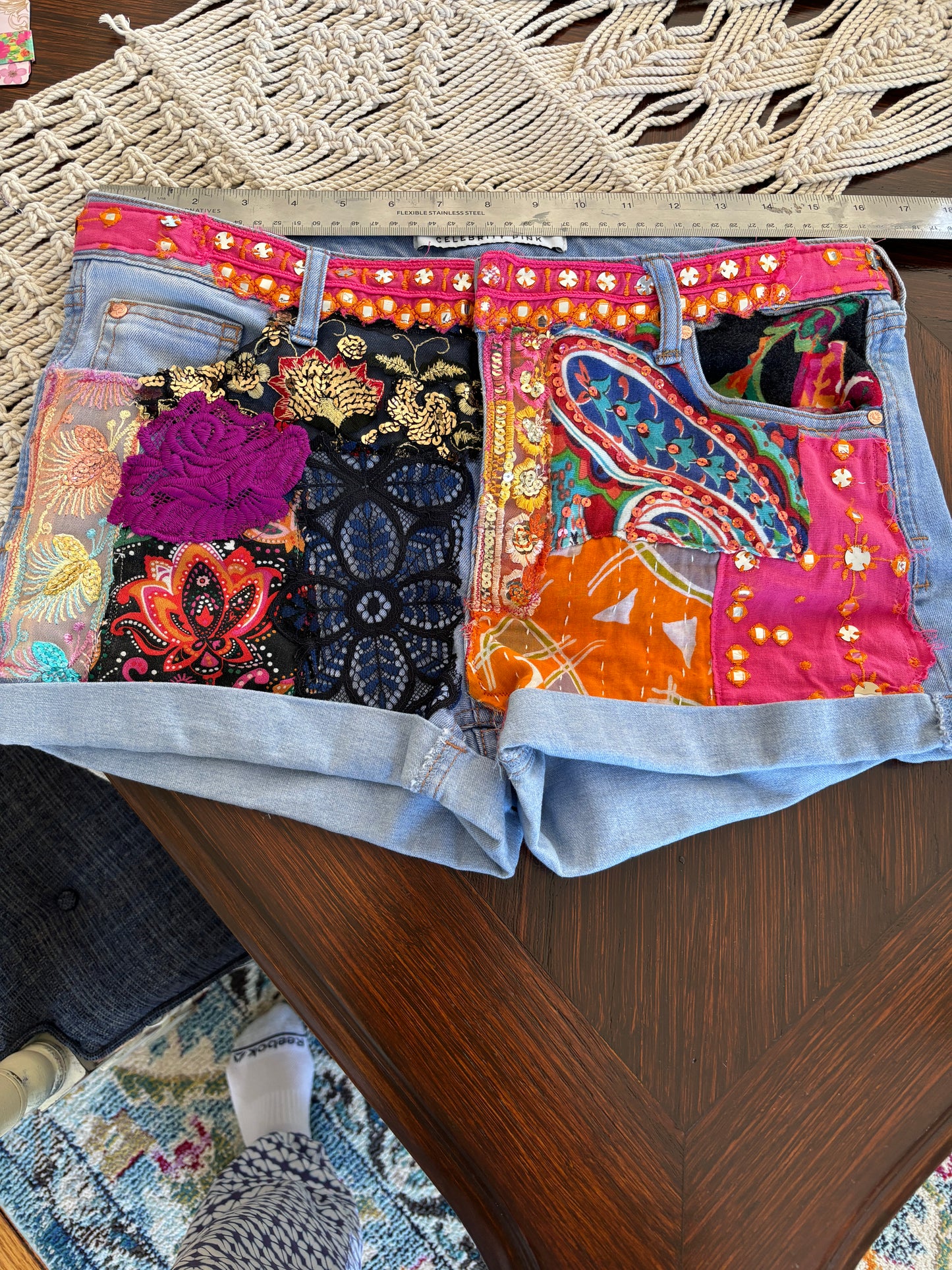 Boho Patchwork Shorts Size 11, Waist 32, Up-cycled Denim Stretch Shorts 1