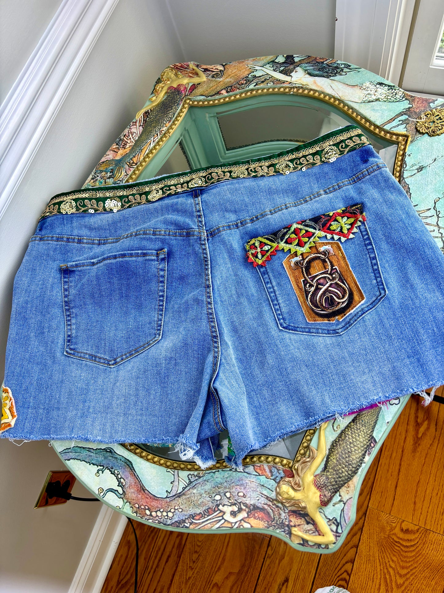 Up-Cycled Patchwork Bohemian Denim Cut-Off Shorts, Size 16, Handmade, High Waist, Wide Leg