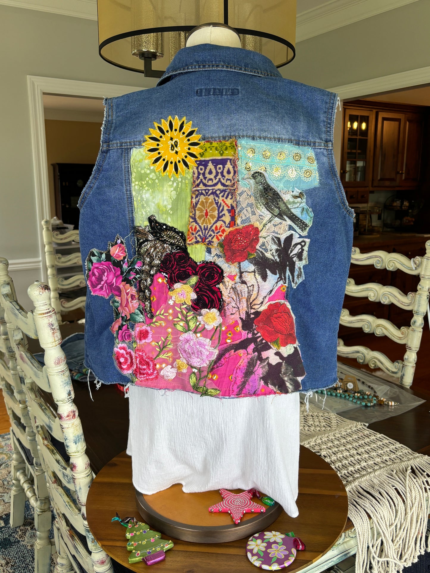 Up-Cycled Denim Vest, Boho, Floral, Kantha, Sari Appliques, Patchwork, Sequin, Artistic Wear, Steve Madden Large