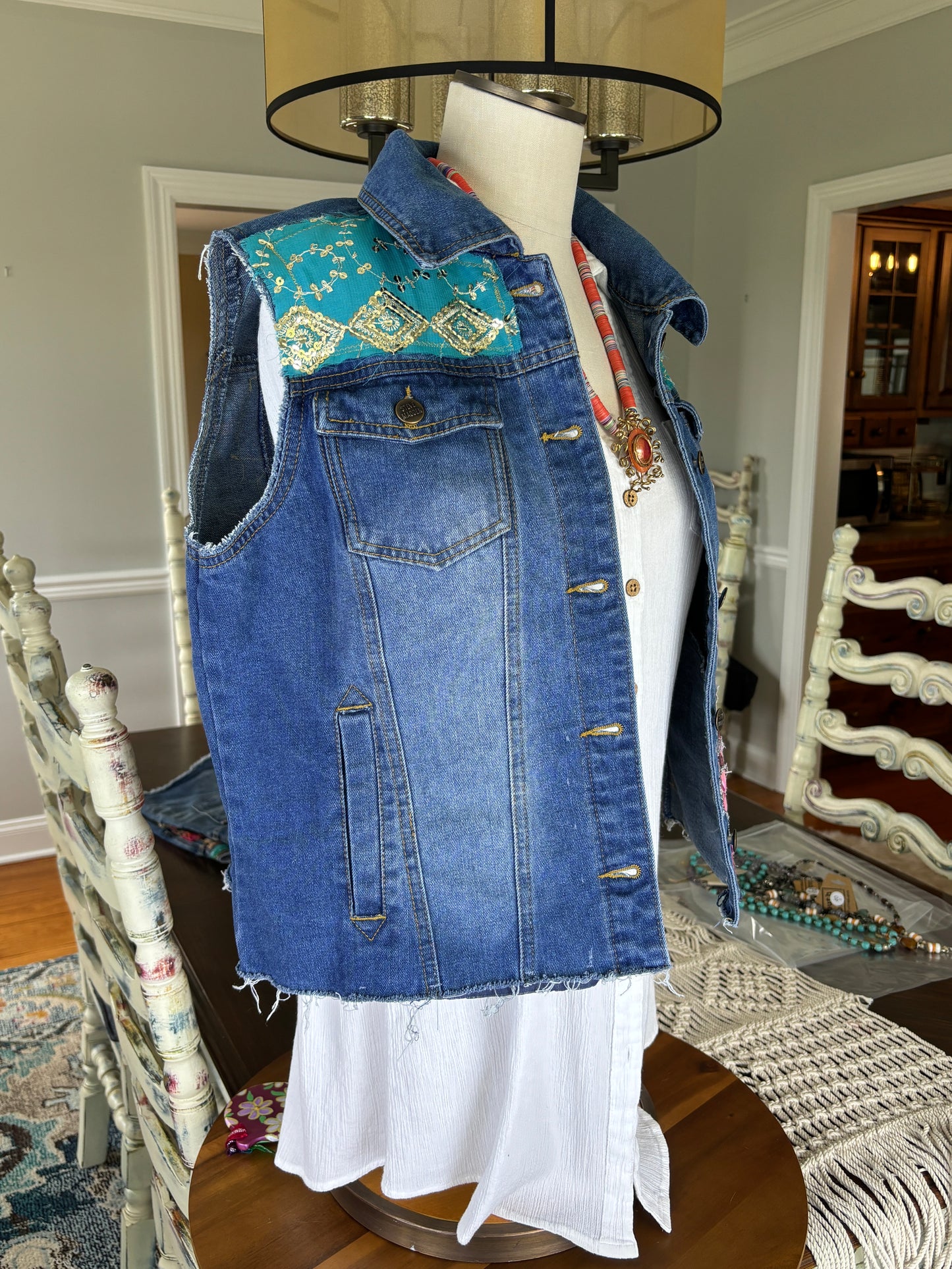 Up-Cycled Denim Vest, Boho, Floral, Kantha, Sari Appliques, Patchwork, Sequin, Artistic Wear, Steve Madden Large