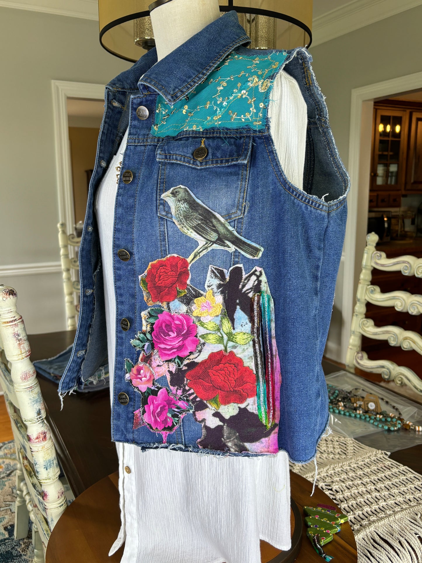 Up-Cycled Denim Vest, Boho, Floral, Kantha, Sari Appliques, Patchwork, Sequin, Artistic Wear, Steve Madden Large