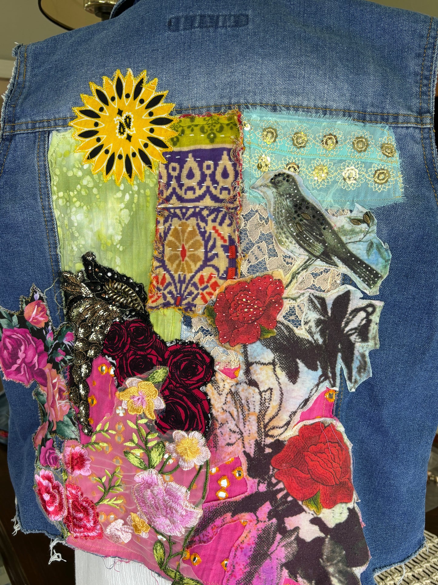 Up-Cycled Denim Vest, Boho, Floral, Kantha, Sari Appliques, Patchwork, Sequin, Artistic Wear, Steve Madden Large