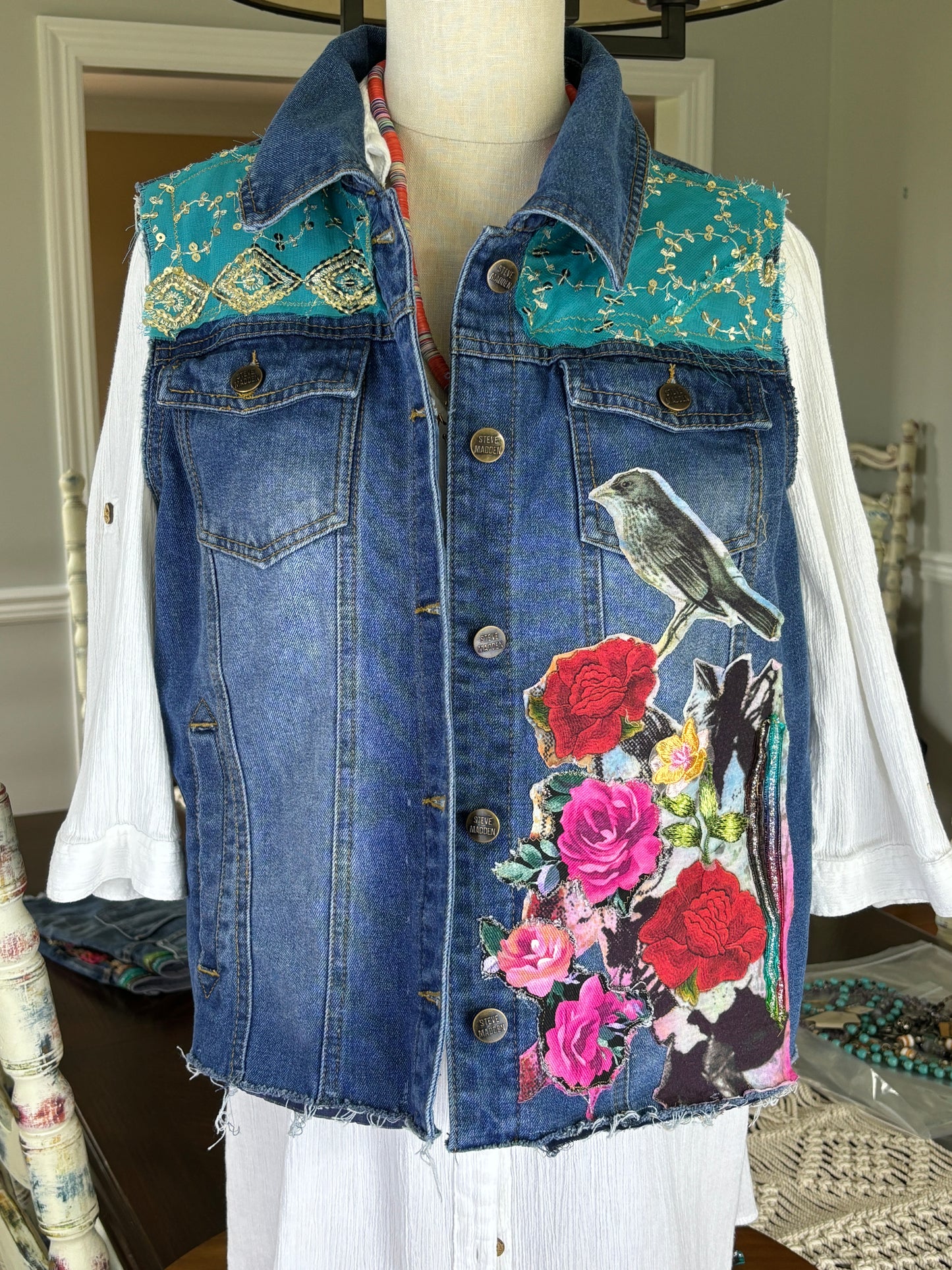 Up-Cycled Denim Vest, Boho, Floral, Kantha, Sari Appliques, Patchwork, Sequin, Artistic Wear, Steve Madden Large