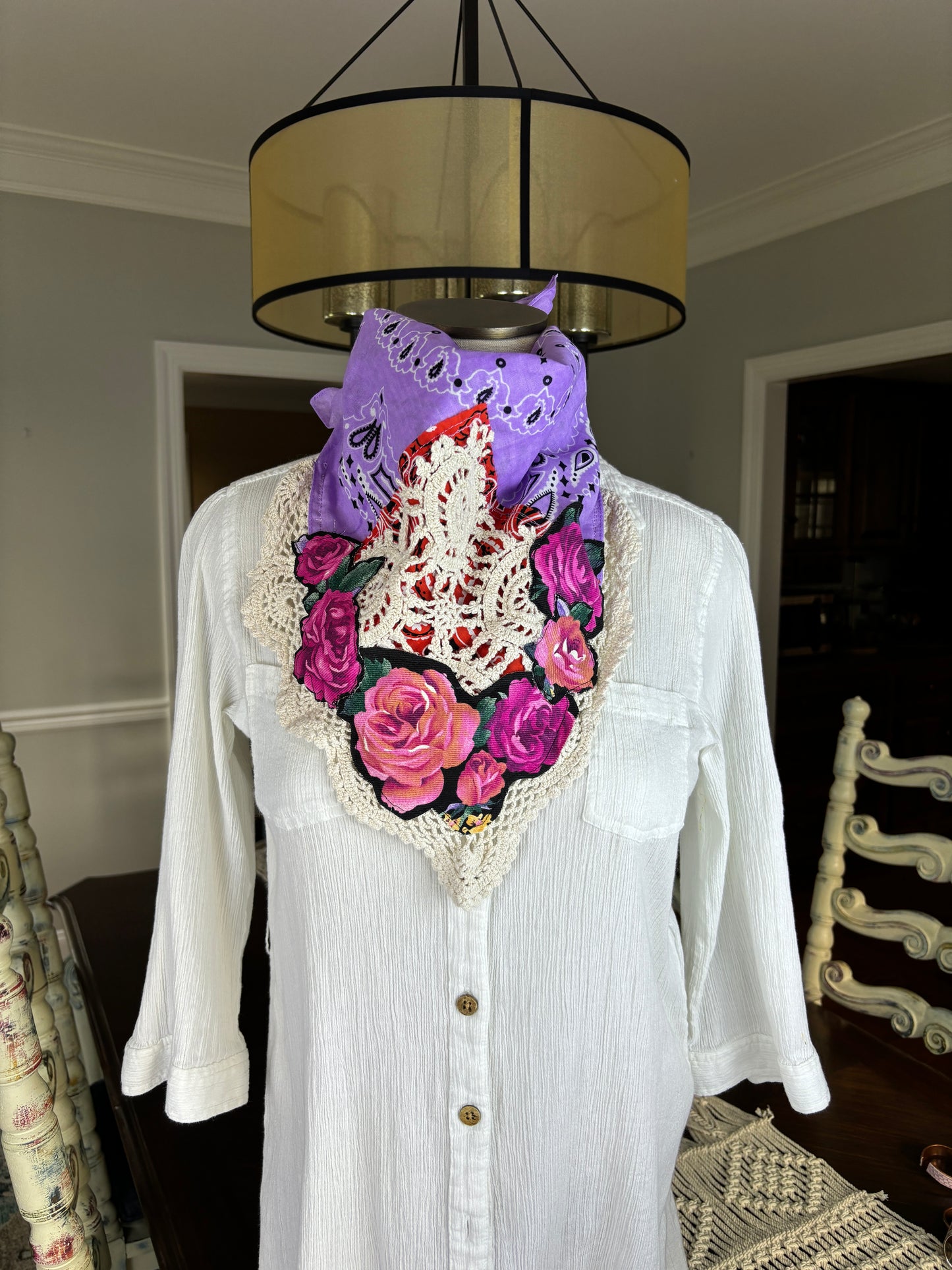 Embellished Bandanna, Lavender, Purple, Orange, Roses, Lace