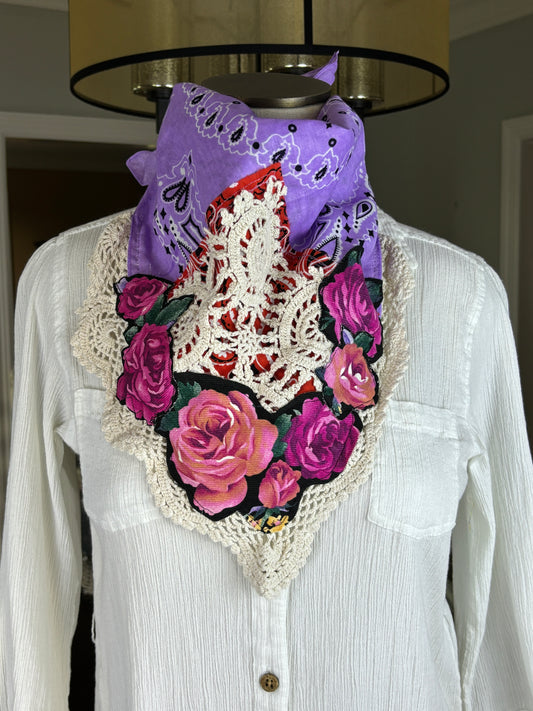 Embellished Bandanna, Lavender, Purple, Orange, Roses, Lace