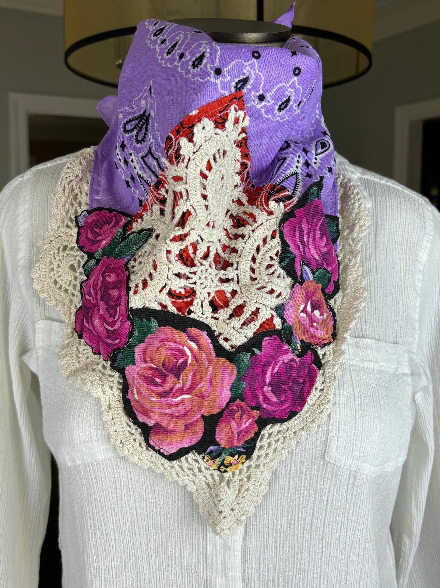 Embellished Bandanna, Lavender, Purple, Orange, Roses, Lace