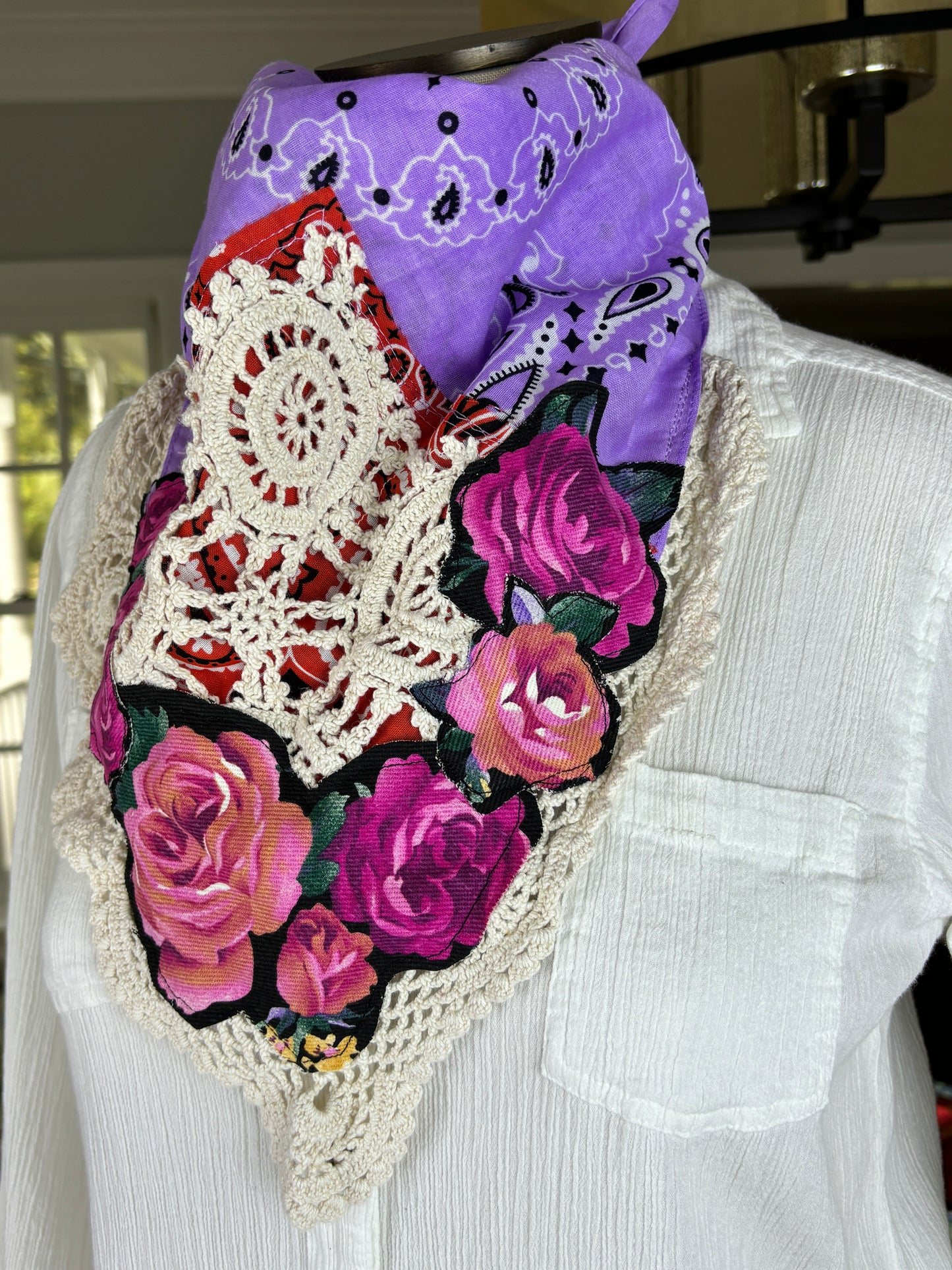 Embellished Bandanna, Lavender, Purple, Orange, Roses, Lace