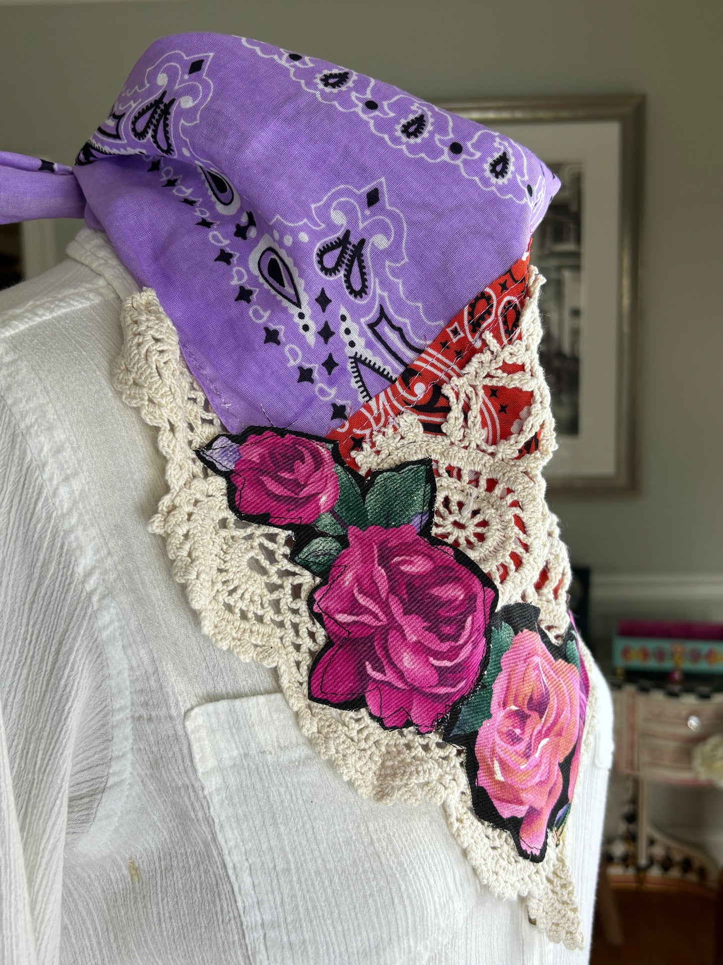 Embellished Bandanna, Lavender, Purple, Orange, Roses, Lace