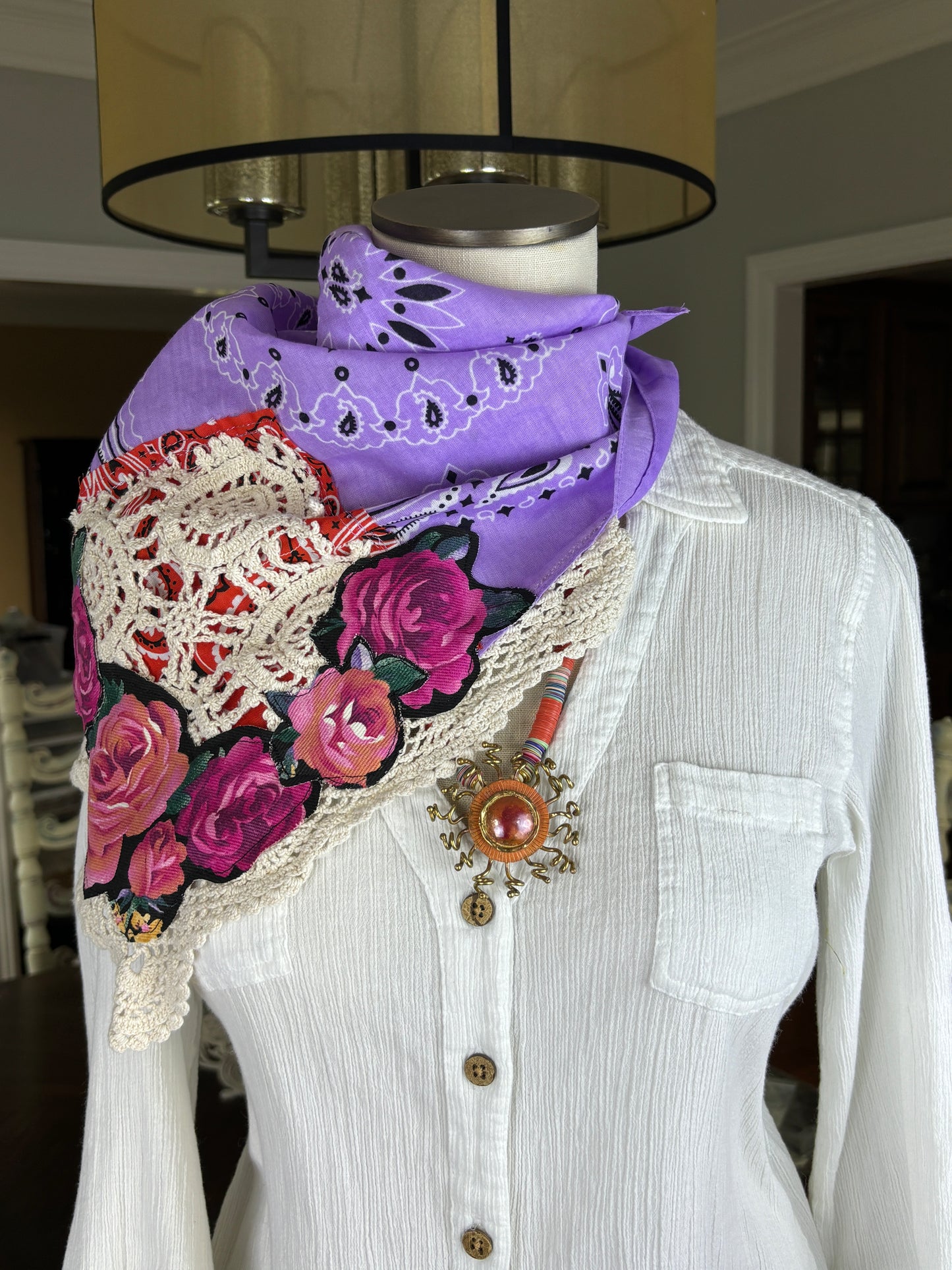 Embellished Bandanna, Lavender, Purple, Orange, Roses, Lace