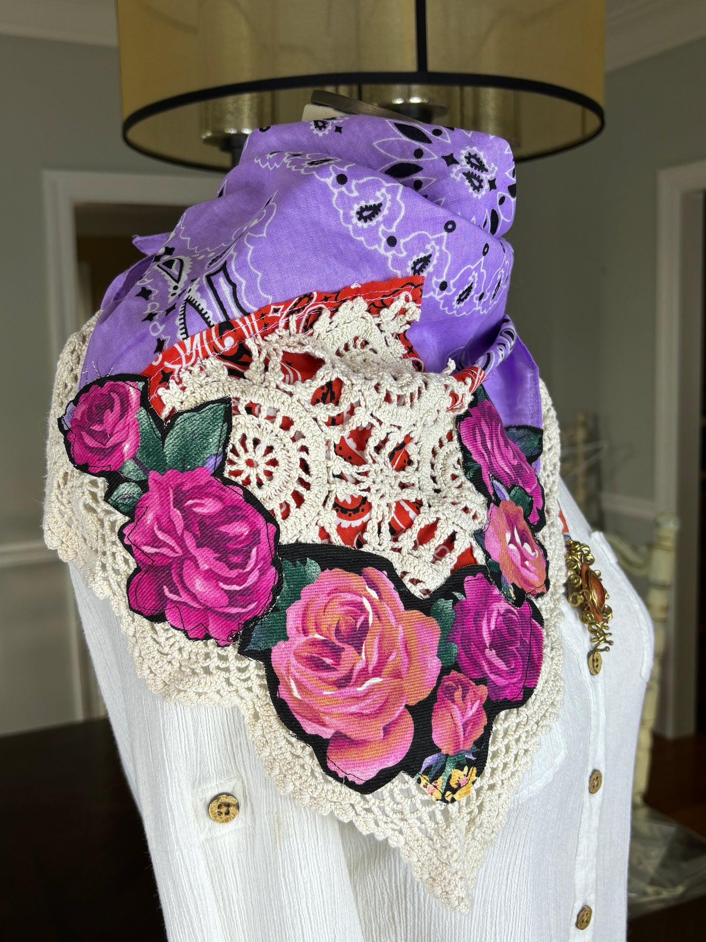 Embellished Bandanna, Lavender, Purple, Orange, Roses, Lace