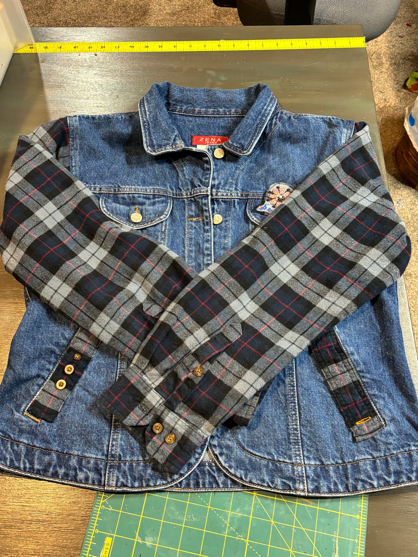 Upcycled Demin and Flannel Jacket, Cozy for Fall, Country, Western, Rustic, Summer Concerts