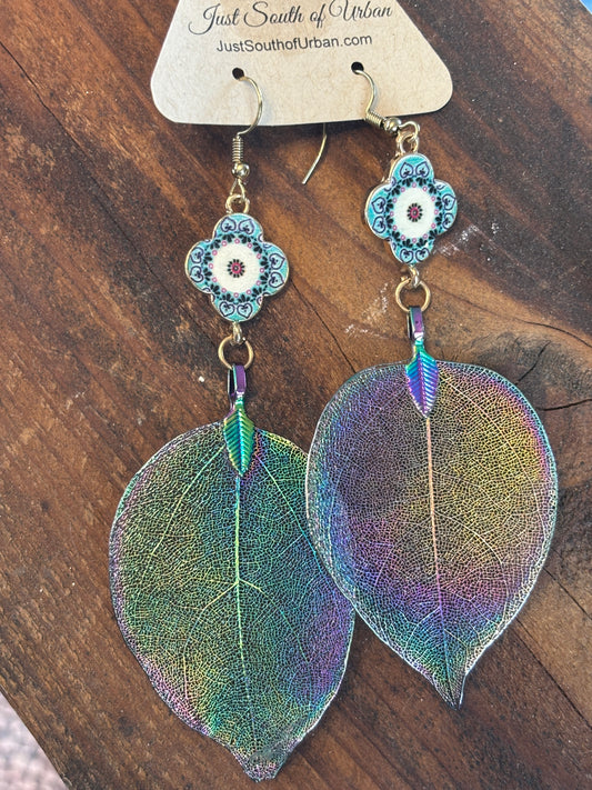 Iridescent Electroplated Leaf Earrings, 4" Long