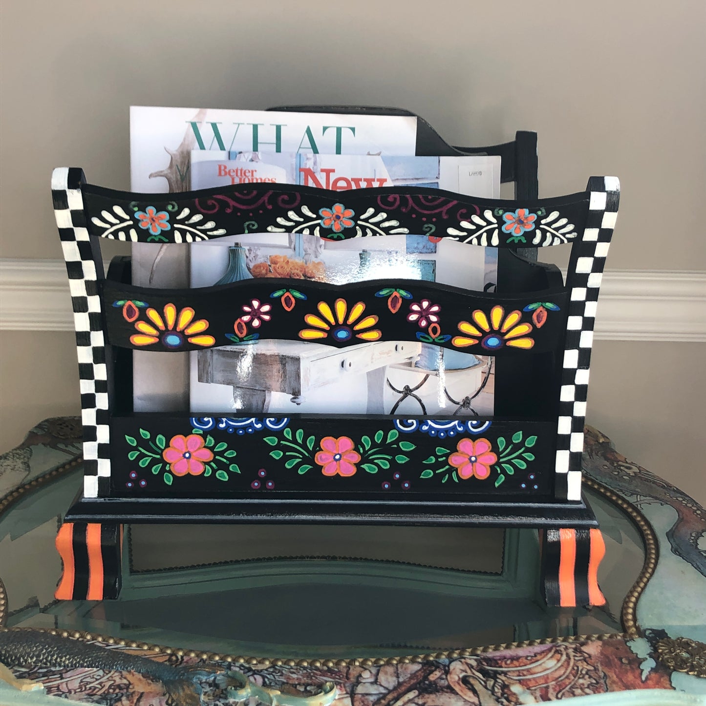 Magazine Rack, Bohemian, Colorful, Mexican Art, Black and White Check, Hand Painted