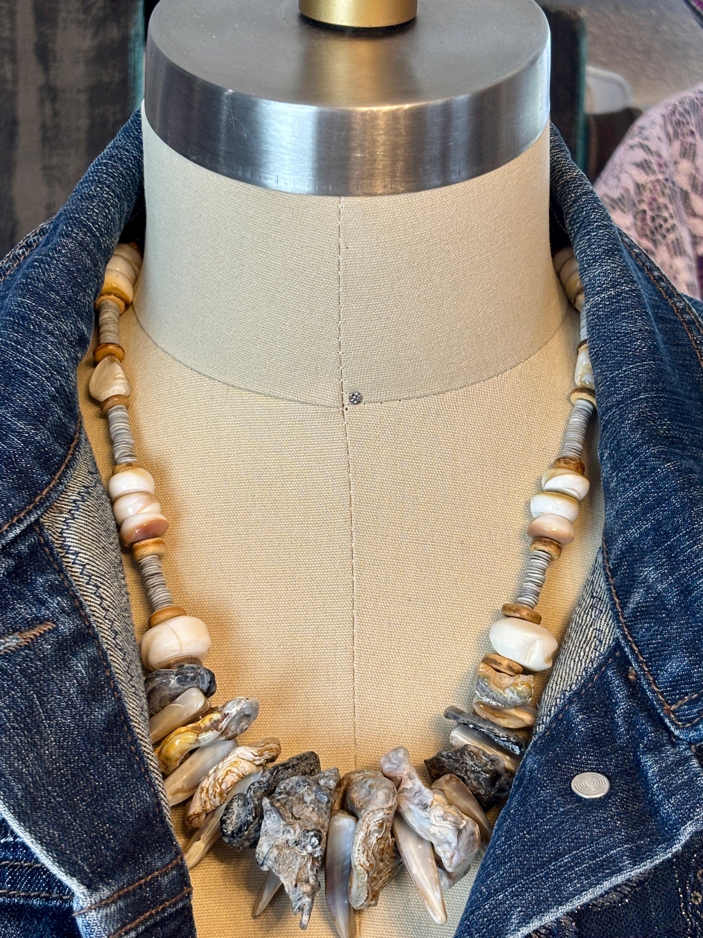 Spikey Shell and Oyster Shell Necklace Natural Shapes Gray and White tones