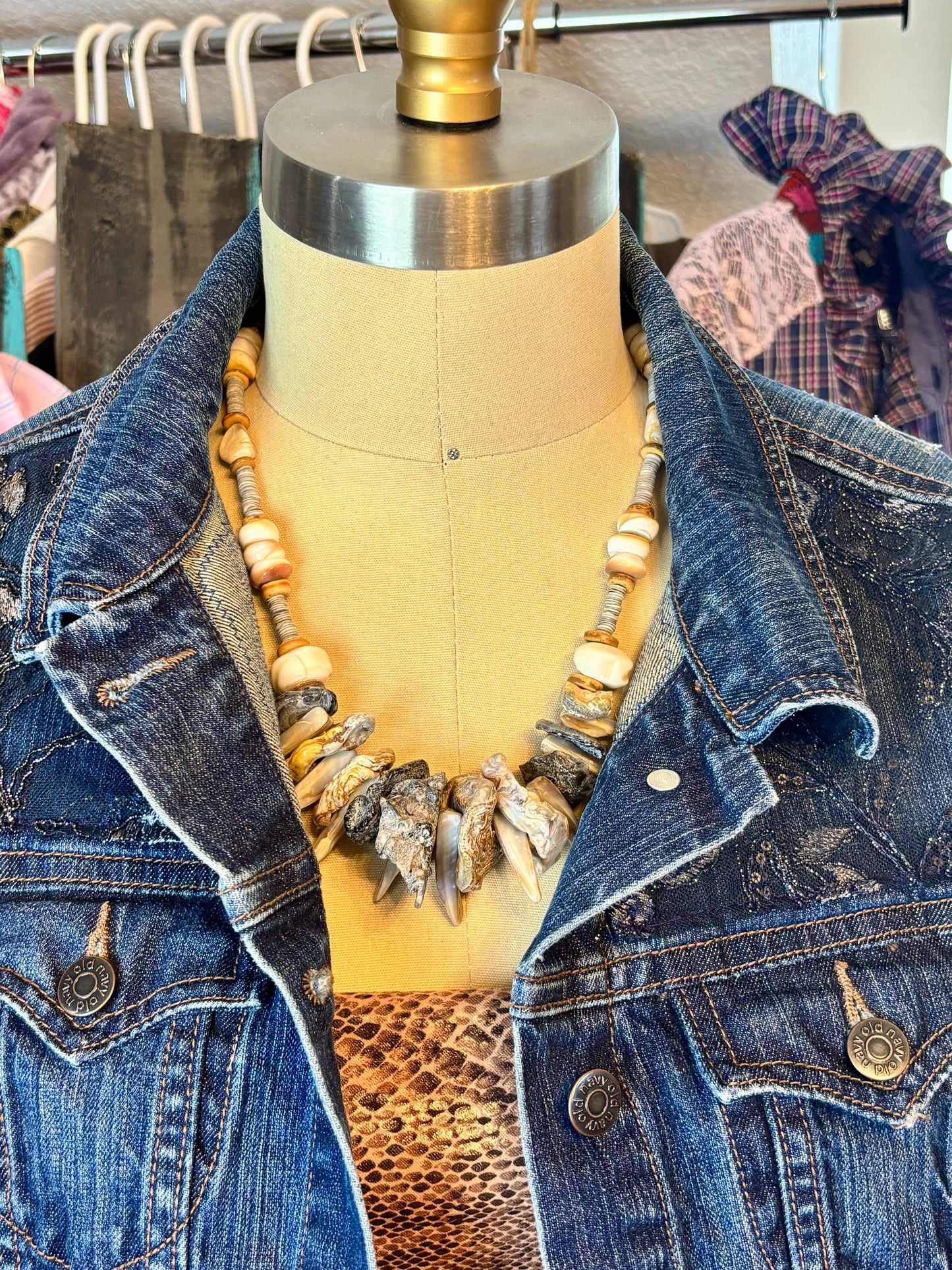 Spikey Shell and Oyster Shell Necklace Natural Shapes Gray and White tones