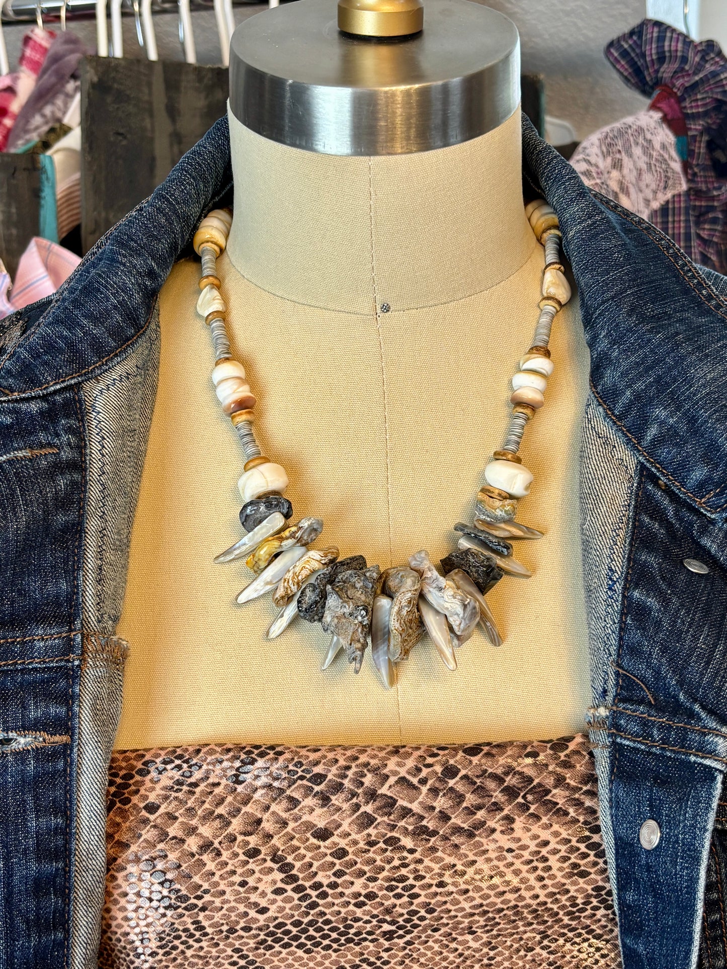 Spikey Shell and Oyster Shell Necklace Natural Shapes Gray and White tones