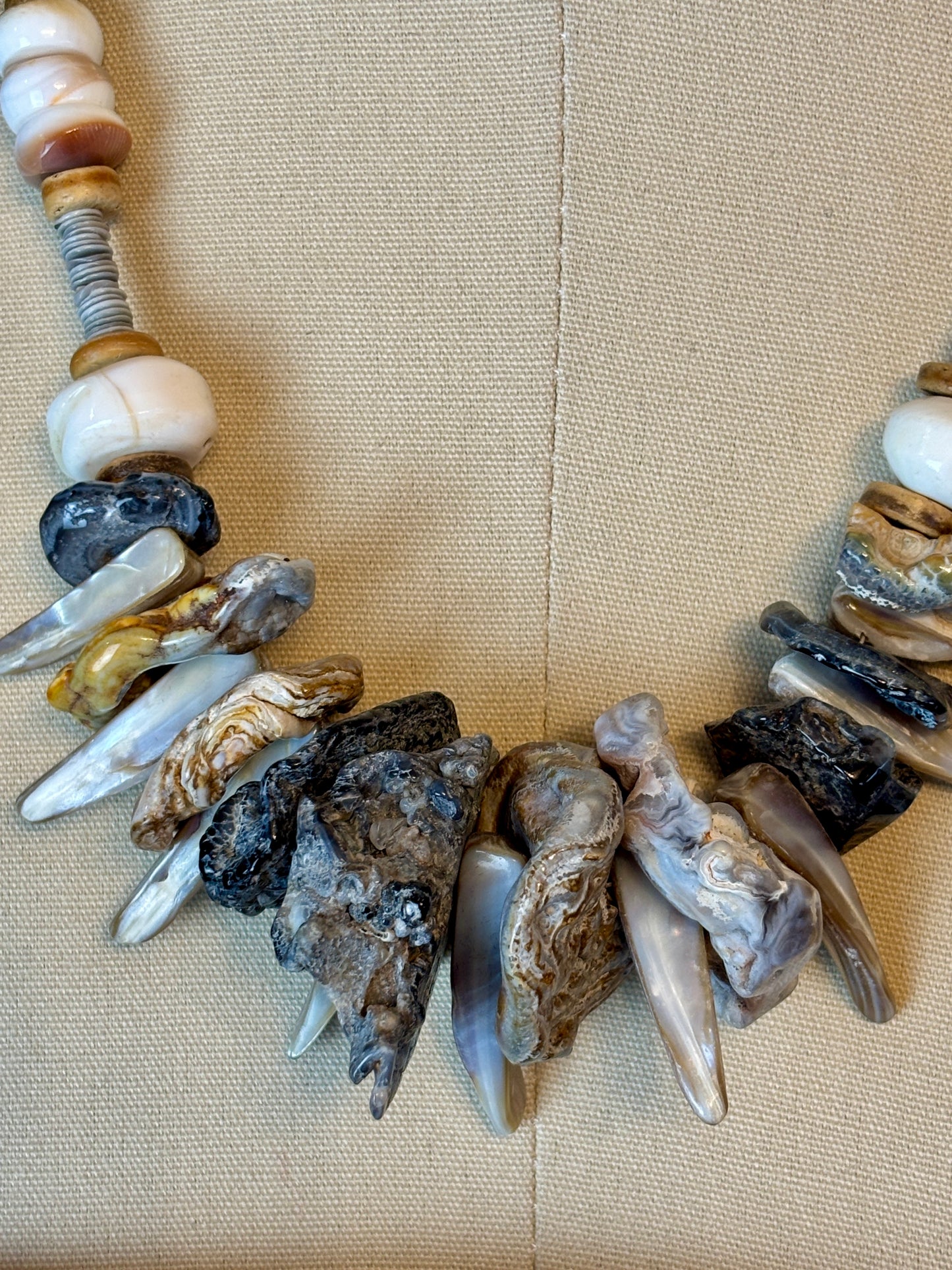 Spikey Shell and Oyster Shell Necklace Natural Shapes Gray and White tones