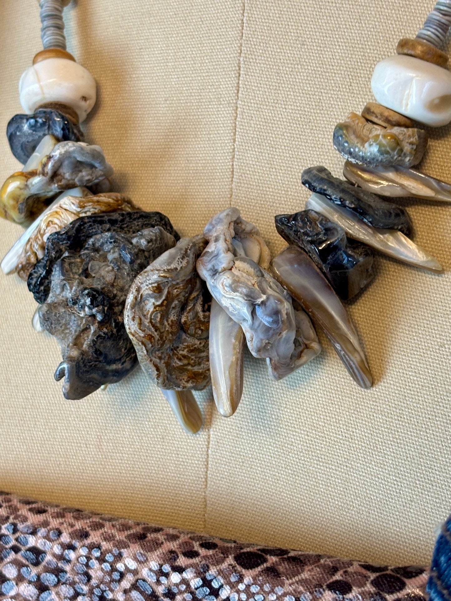 Spikey Shell and Oyster Shell Necklace Natural Shapes Gray and White tones