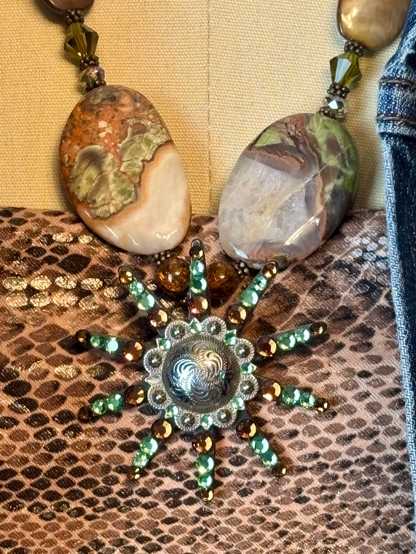 Beautiful Agate Stone Beaded Necklace with Rhinestone Appliqued Spur and Concho