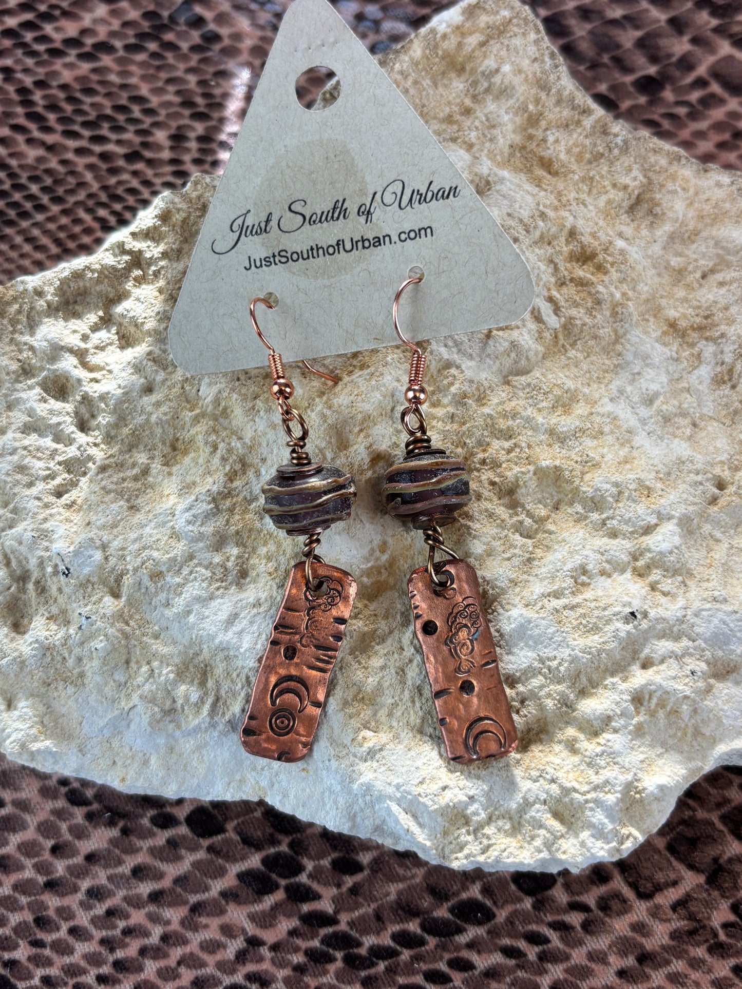 Copper Stamped Tube Earrings with Handmade Purple Glass Beads
