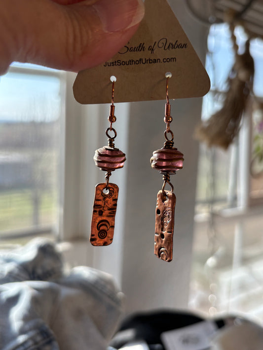 Copper Stamped Tube Earrings with Handmade Purple Glass Beads