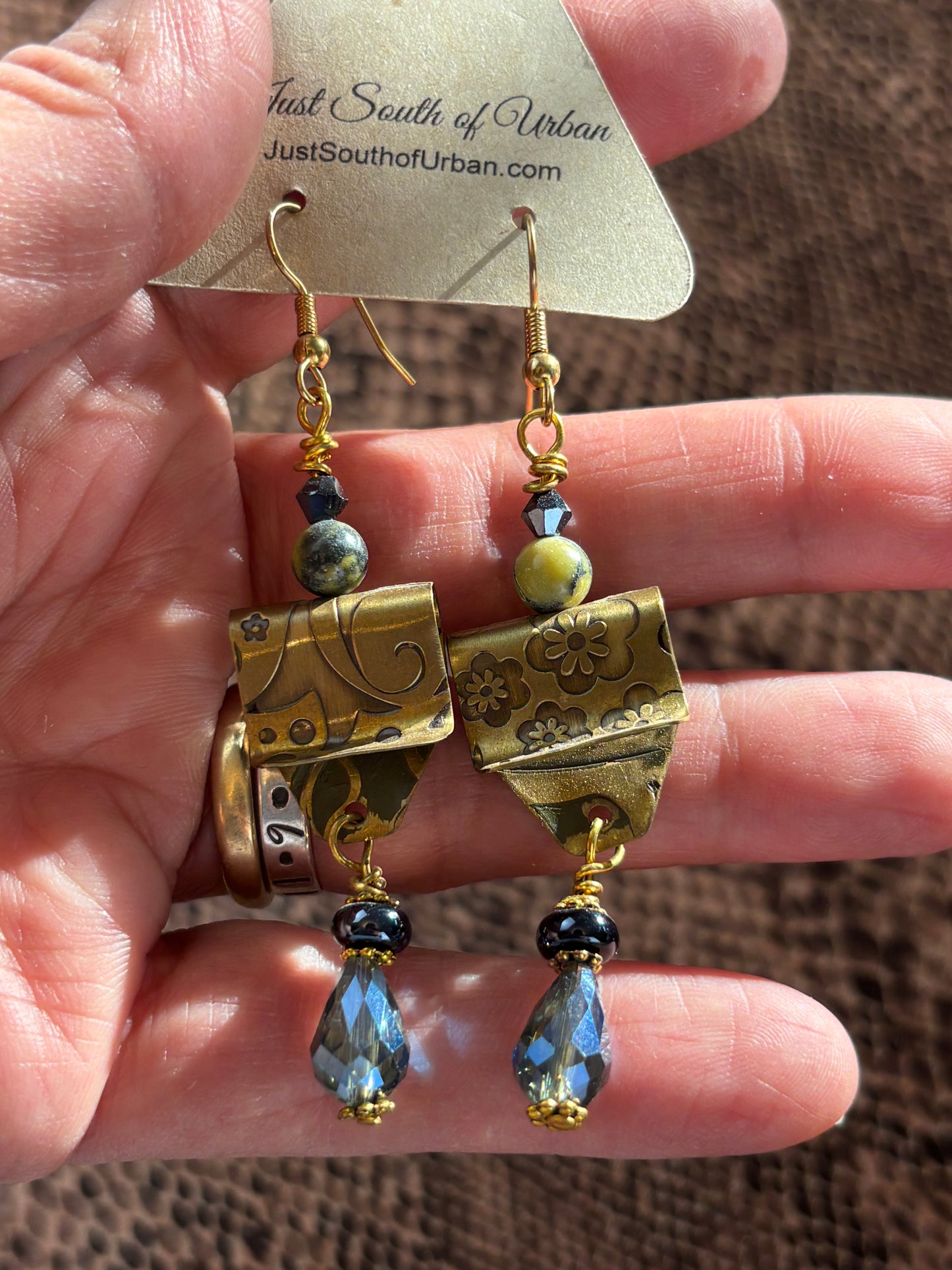 Textured Stamped Brass and Crystals Beaded Earrings