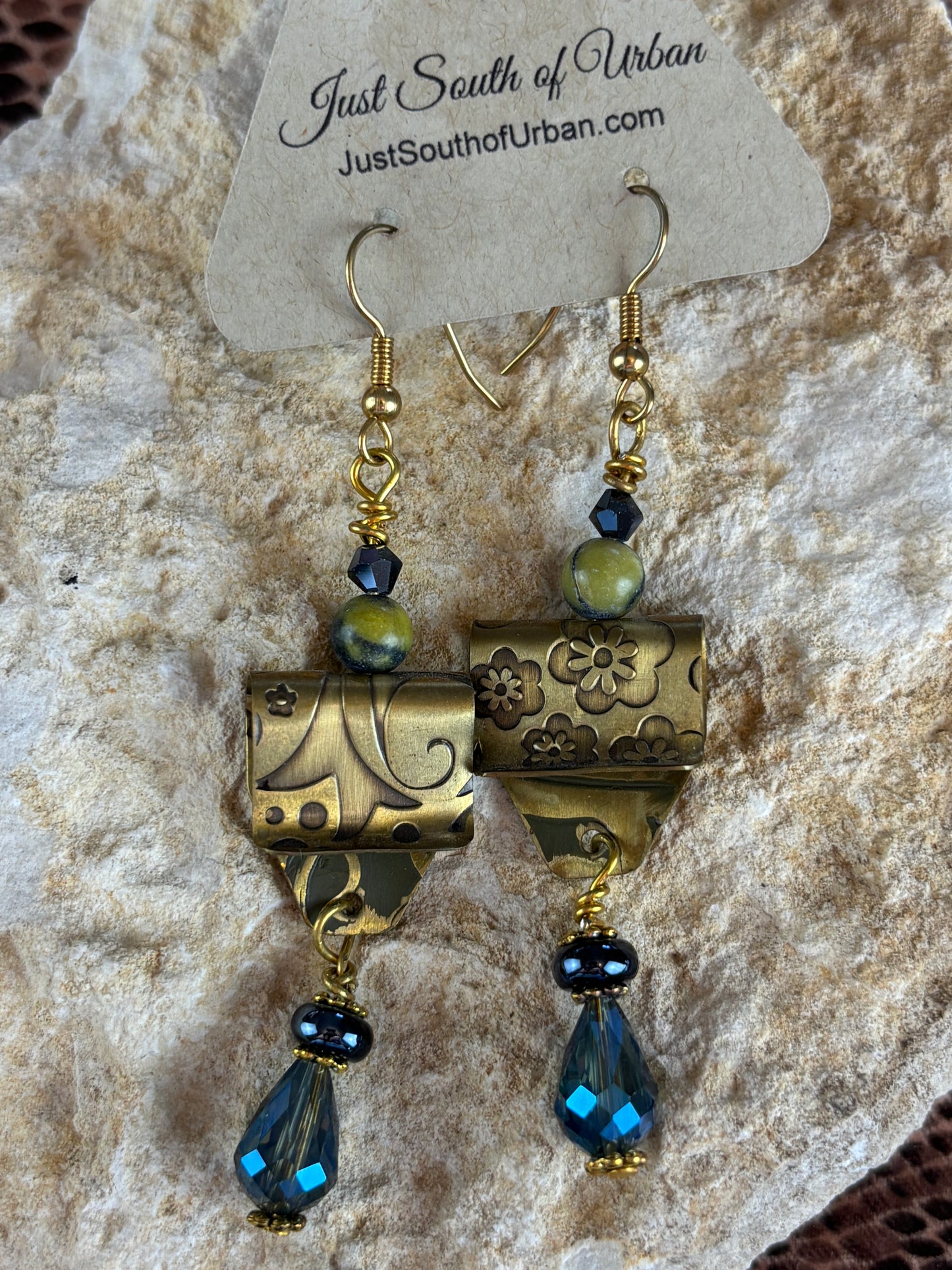 Textured Stamped Brass and Crystals Beaded Earrings