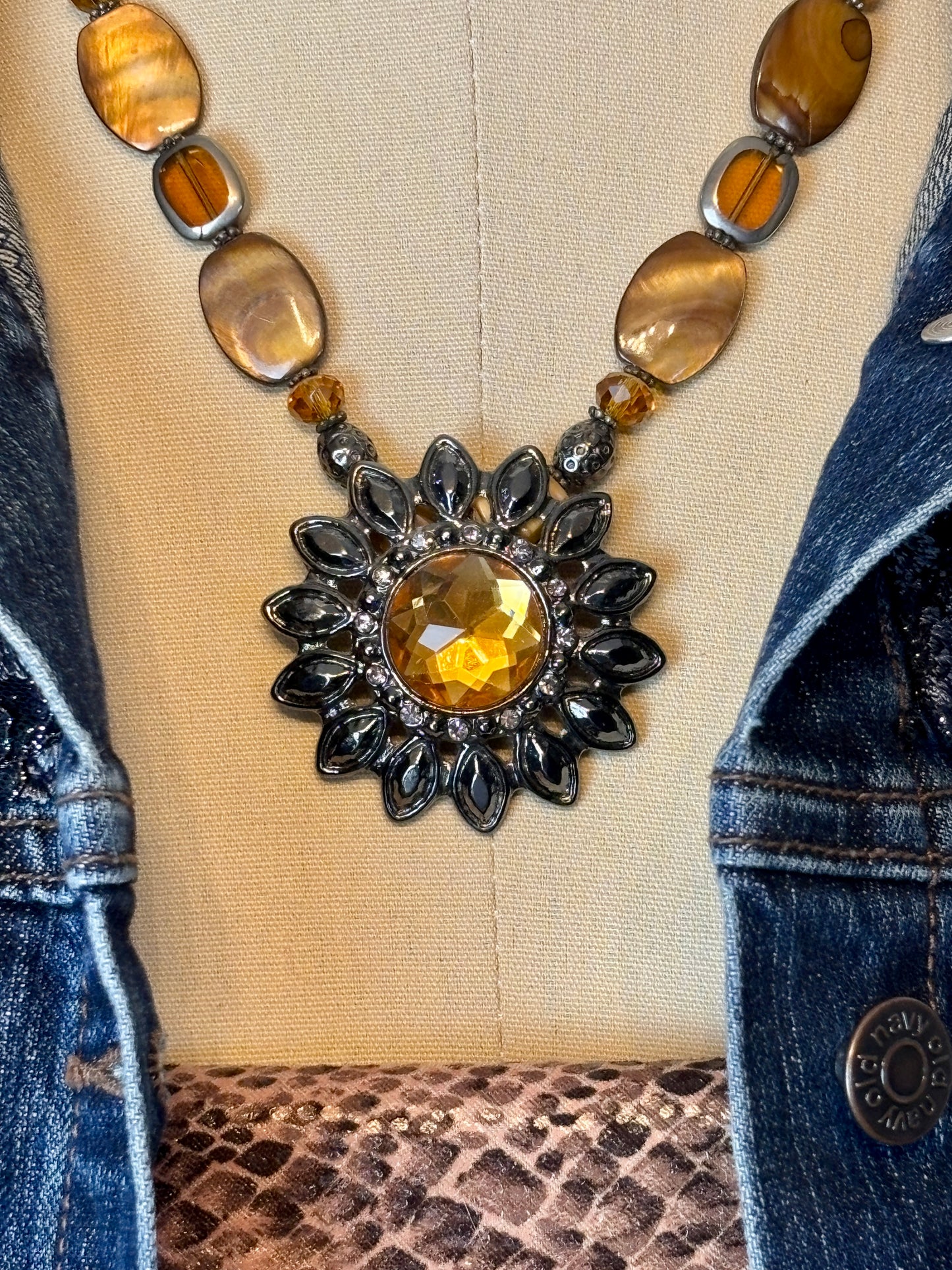 Sunflower Pendant Necklace, Gold and Gunmetal Tones, with Shell and Glass Beads