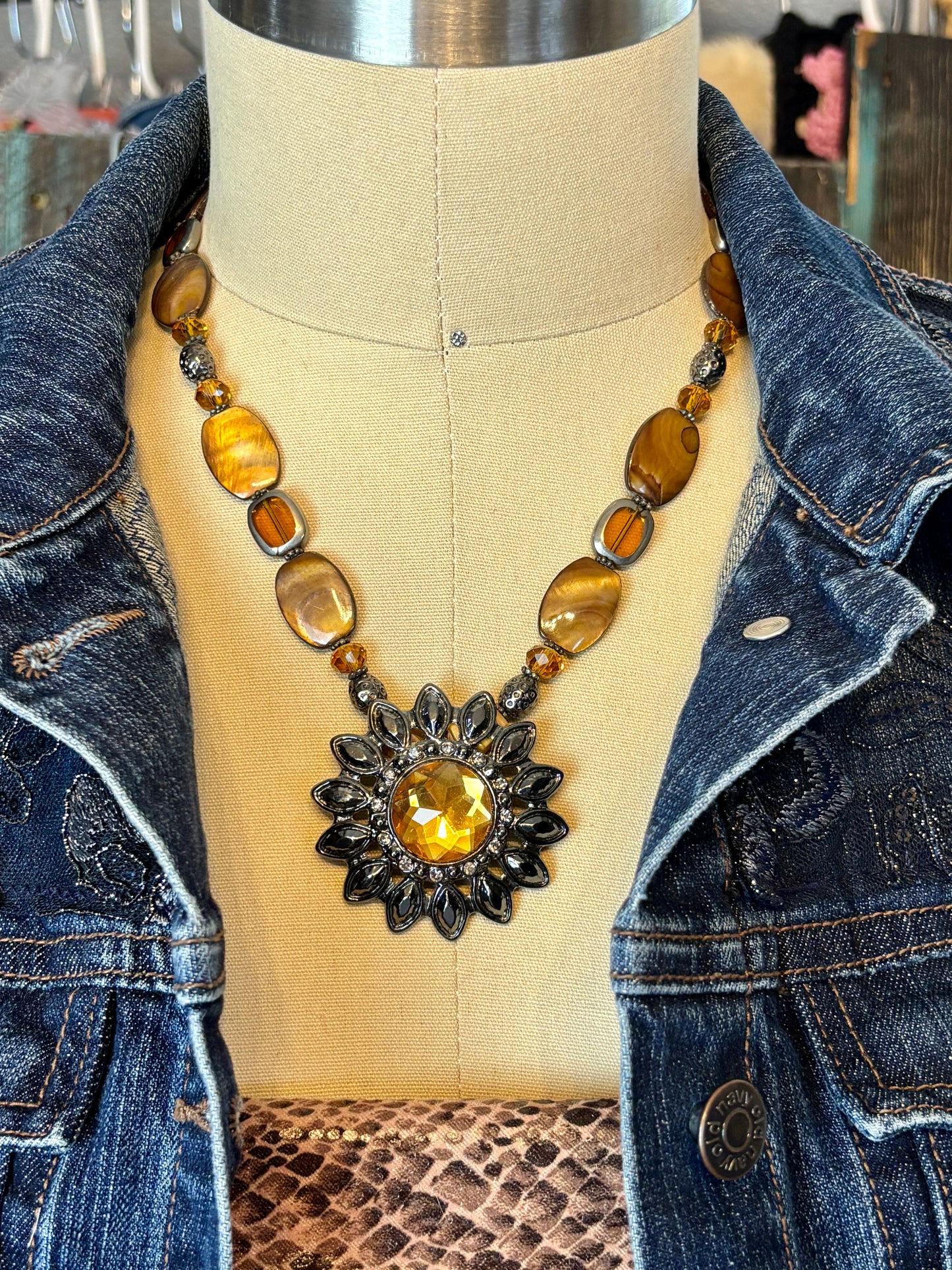 Sunflower Pendant Necklace, Gold and Gunmetal Tones, with Shell and Glass Beads