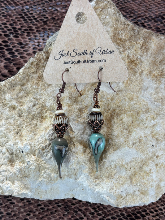 Artisan made Teardrop Glass crowned with Carven Horn and Copper Bead Earrings