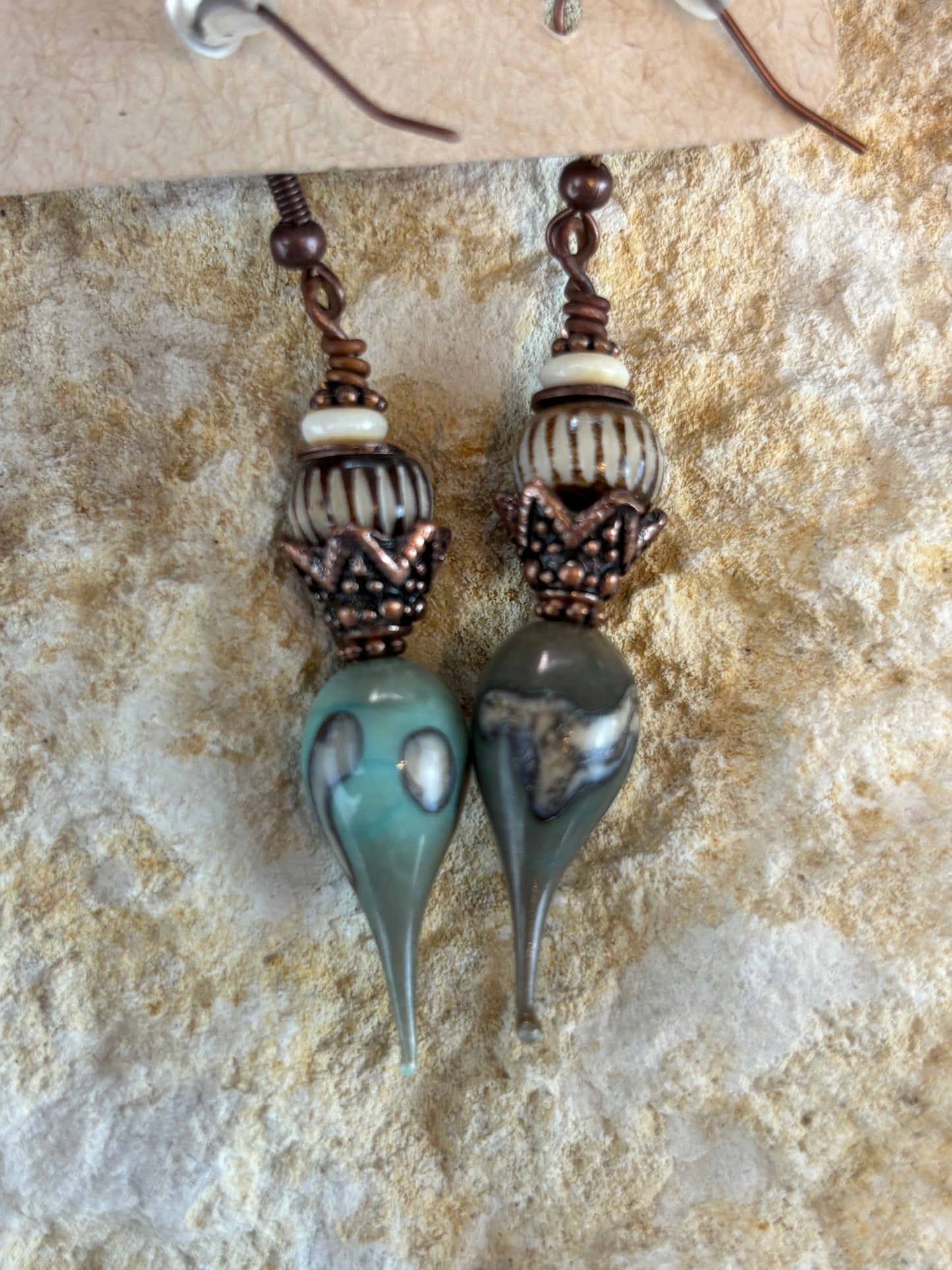 Artisan made Teardrop Glass crowned with Carven Horn and Copper Bead Earrings