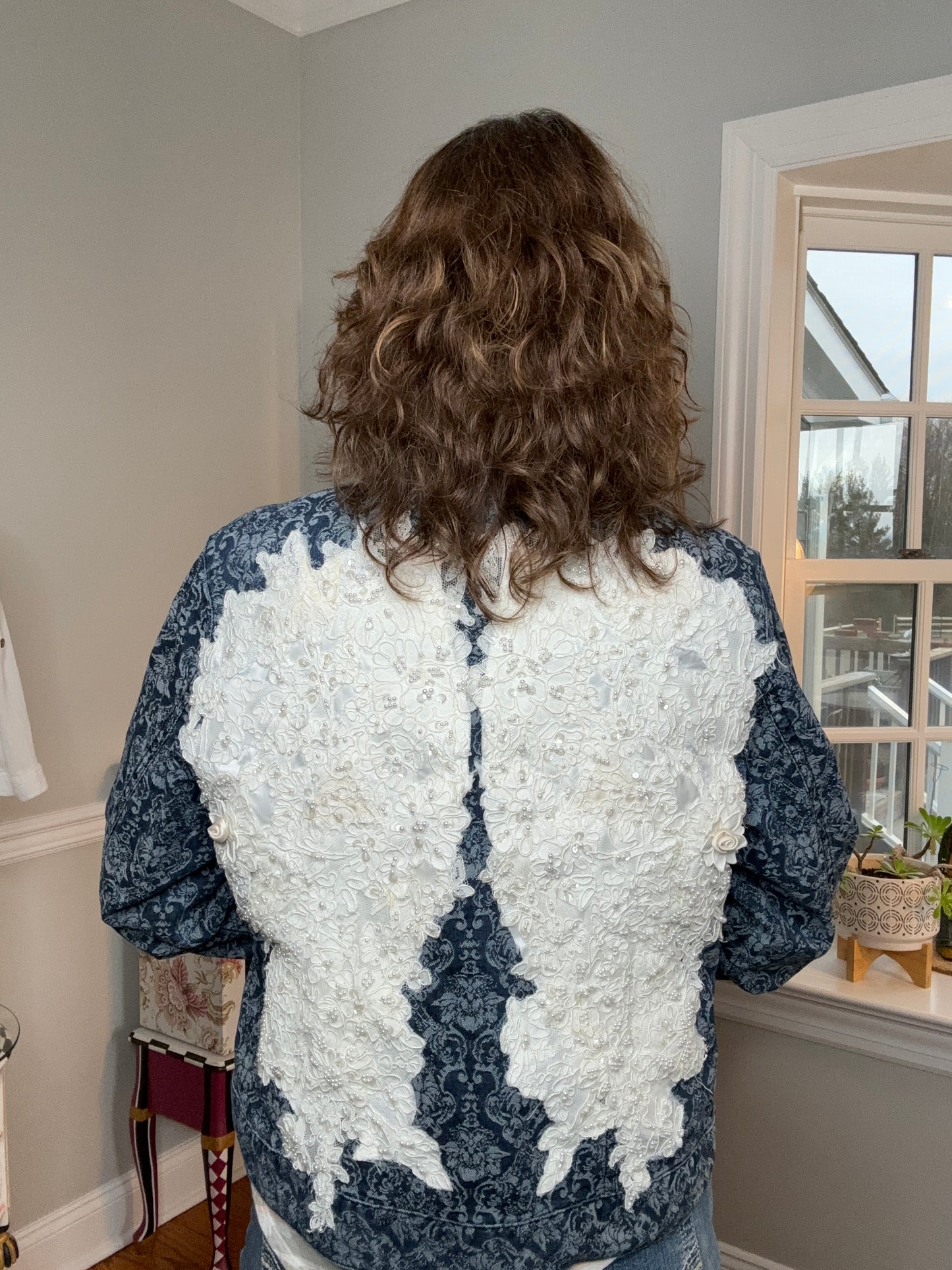 Up-cycled Jean Jacket Cold Water Creek Size 16, Bridal Dress Angel Wings, Fun Western, Casual Jacket