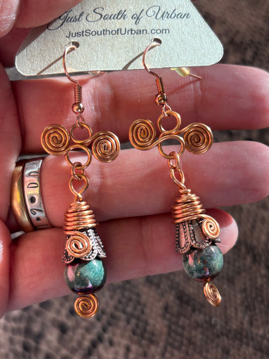 Copper Wire Work and Ceramic Beaded Earrings