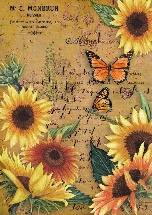 SUNFLOWERS AND MONARCH BUTTERLY, Decoupage Fiber Paper, Decoupage Queen, Size A4