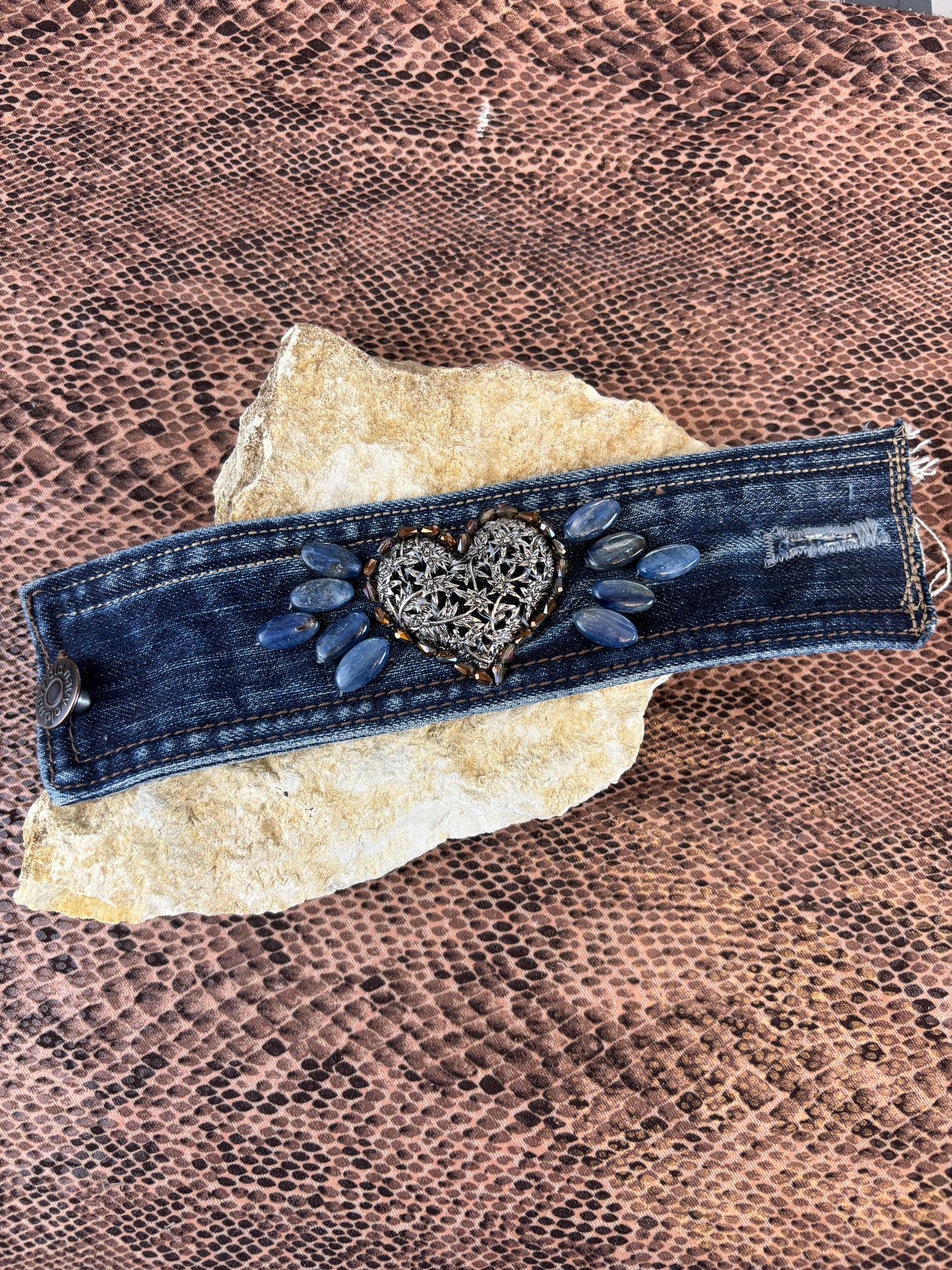 Denim and Heart Cuff, Handmade, 7.5"
