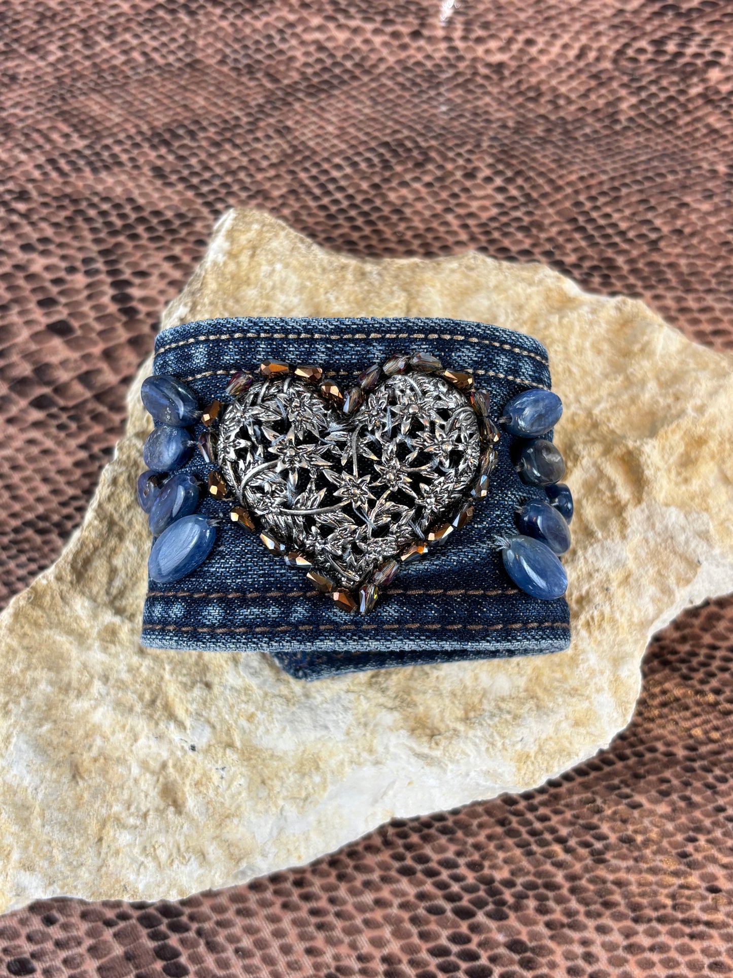 Denim and Heart Cuff, Handmade, 7.5"