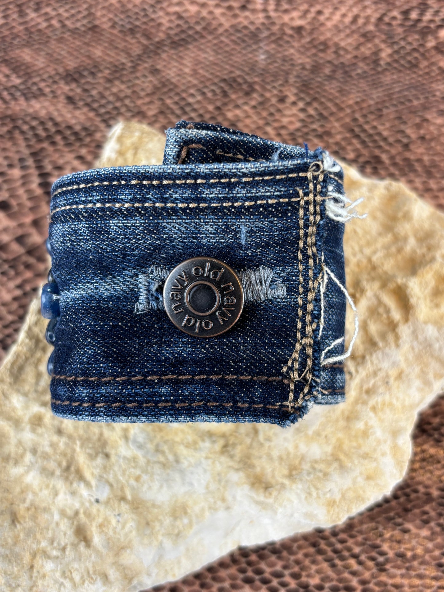 Denim and Heart Cuff, Handmade, 7.5"